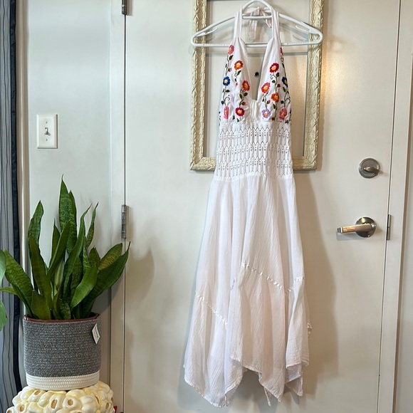 VINTAGE | Halter Mexican Vintage Cotton Gauze Embroidered Dress - Picture 1 of 16